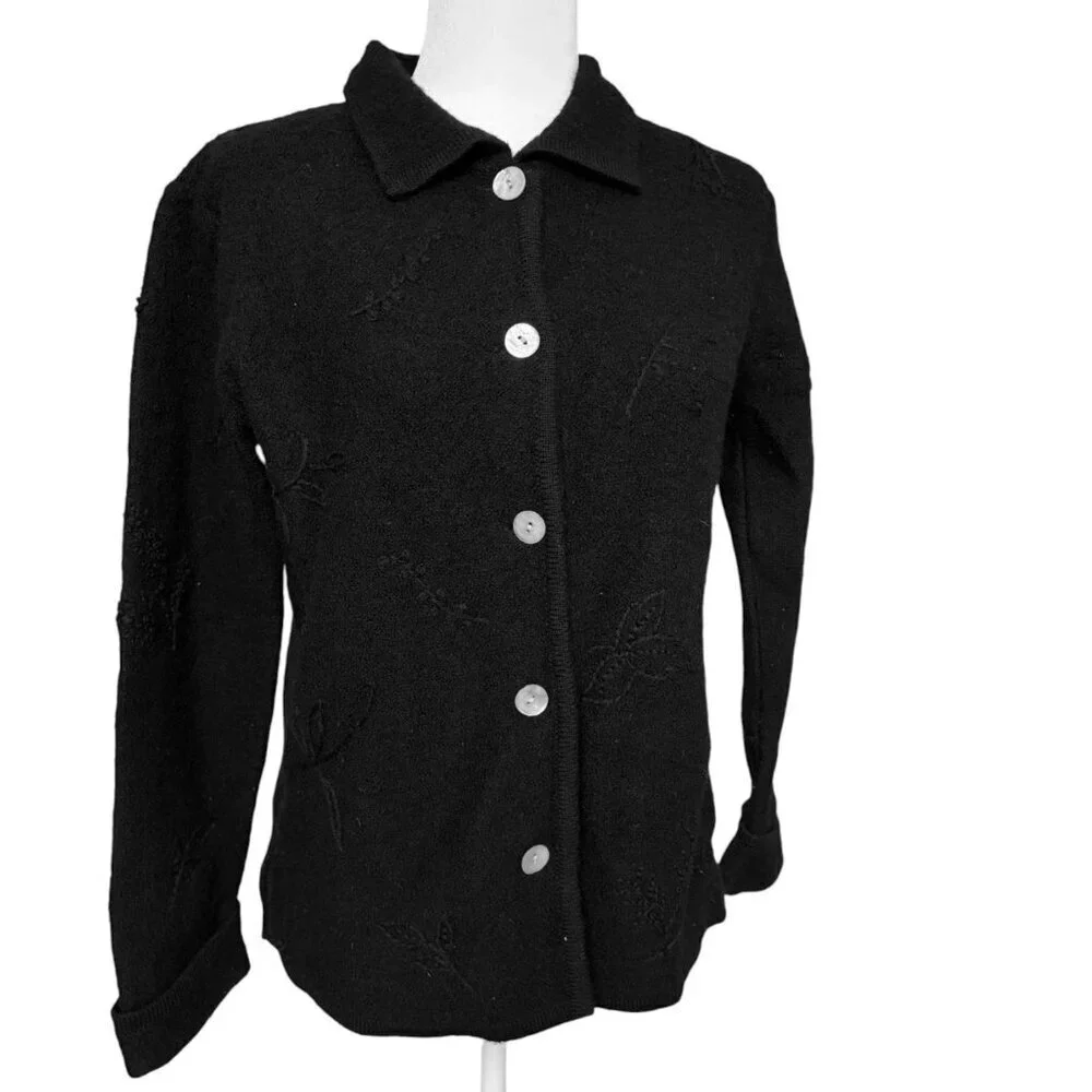 Vintage Marconi Folk Embroidered Cardigan Jacket 100% Wool Black Size Small